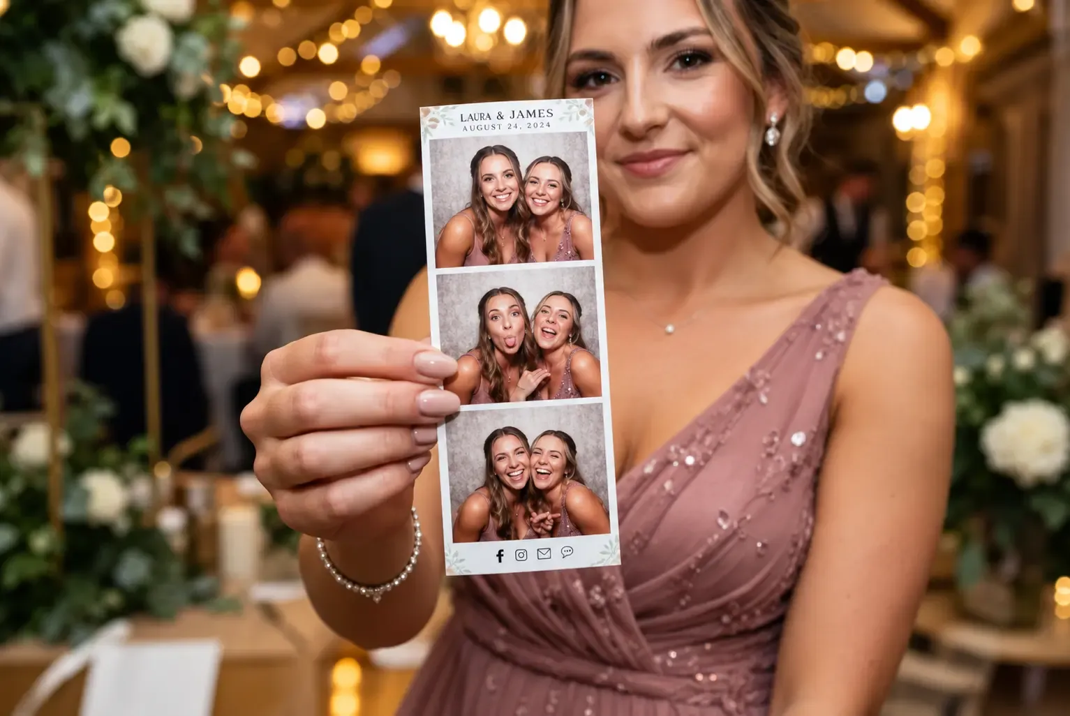 A bride in a blush gown holding her fresh prints from a photo booth experience